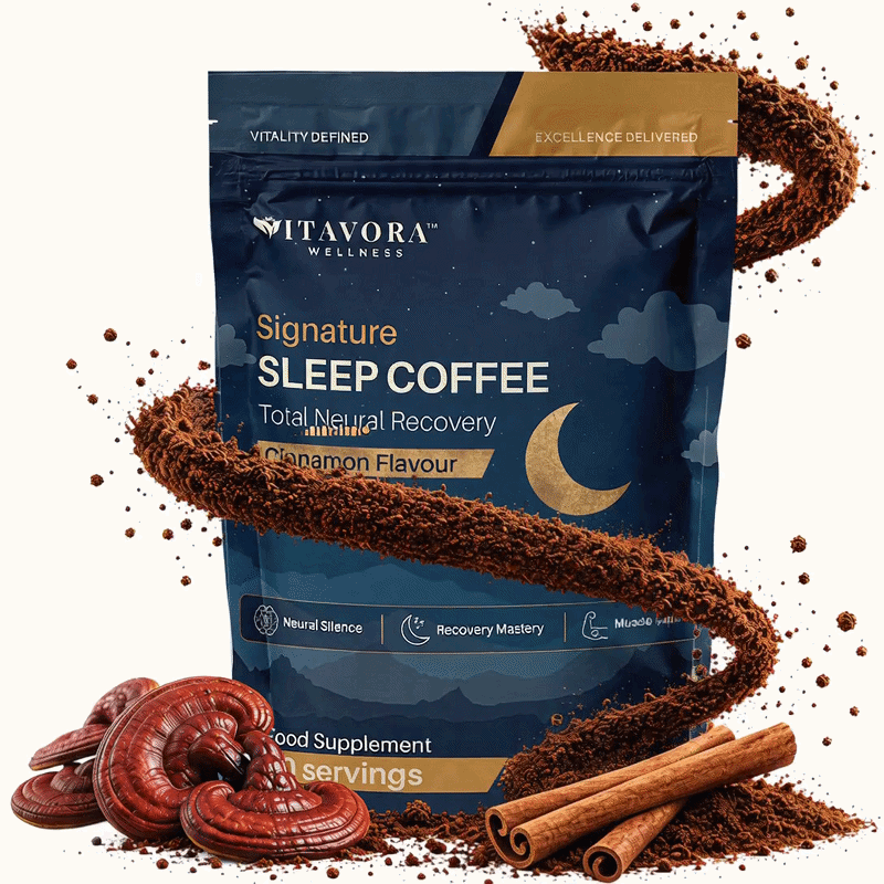 Vitavora Signature Sleep Coffee — Cinnamon flavour nightly recovery coffee with Reishi mushroom, L-Theanine, and Magnesium for deep, restorative rest.