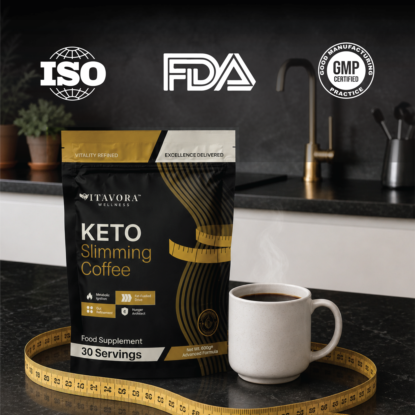 A kitchen setting product display for Vitavora Keto Slimming Coffee showing the premium 30 servings pouch next to a steaming mug of black coffee, circled by a gold measuring tape with authoritative compliance trust seals for ISO, FDA, and GMP Certified Good Manufacturing Practice displayed across the top.
