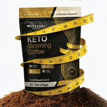A high-definition looping product animation for the storefront gallery showing a black Vitavora Keto Slimming Coffee food supplement pouch resting on a mound of ground coffee beans, wrapped in a pulsing yellow measuring tape graphic with glowing gold callout icons for Metabolic Ignition, Fat-Fuelled Drive, Gut Refinement, and Hunger Architect.