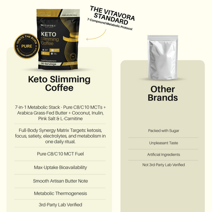 A multi-row product comparison matrix infographic titled The Vitavora Standard, pitting Vitavora Keto Slimming Coffee against cheap generic brands across seven critical metrics including formula synergy, ingredient purity, taste profiles, and third-party laboratory verification.