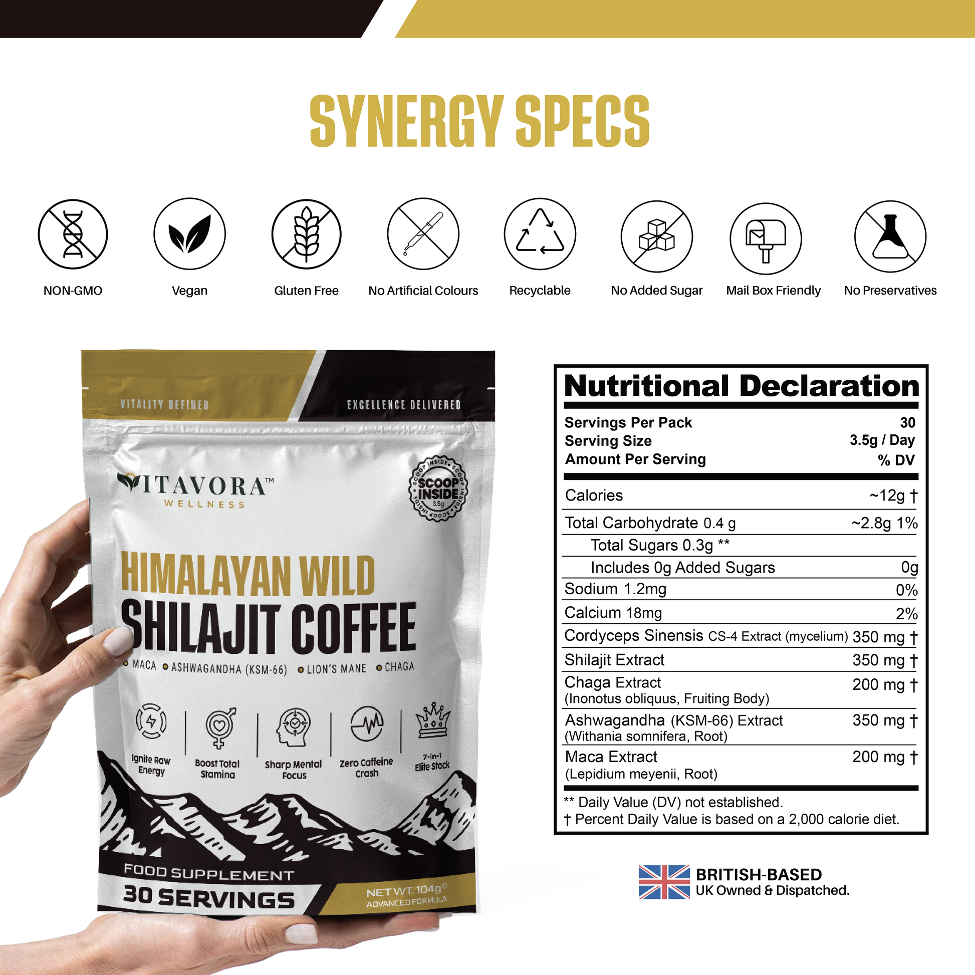 Vitavora Wellness product page layout titled Synergy Specs, featuring the official nutritional declaration label, dietary badge icons, and a British-Based UK Owned stamp next to the Himalayan Wild Shilajit Coffee packaging.