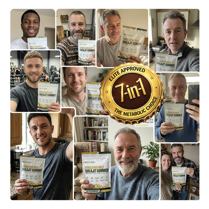 Vitavora Wellness customer photo reviews collage showing real users holding the Himalayan Wild Shilajit Gummies pouch, featuring a gold Elite Approved 7-in-1 The Metabolic Choice stamp.