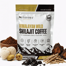 A premium storefront graphic for Vitavora Wellness Himalayan Wild Shilajit Performance Coffee showing the dark green 7-in-1 Synergy bag standing upright next to its active raw adaptogens, displaying bold callout typography for a wild resin extract matrix engineered for raw energy ignition, sharp focus, and unshakeable stamina.