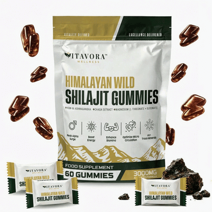 A clinical feature graphic for Vitavora Wild Himalayan Shilajit Performance Gummies showing the premium pouch alongside bold callouts for raw energy ignition, sharp cognitive focus, and crash-free physical stamina tracking, complete with a circular Third Party Lab Tested verification seal on packaging