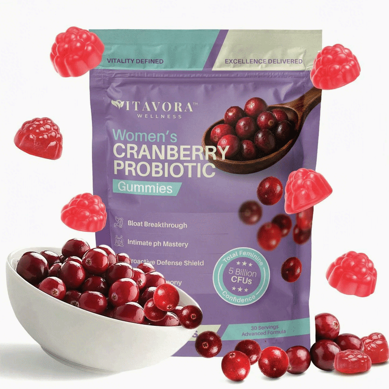 A premium storef ront graphic for Vitavora Wellness Women’s Probiotic and Cranberry Internal Precision Gummies showing the purple advanced formula pouch alongside floating berry-shaped chews, displaying bold callout typography for a 5 Billion CFU 6-strain matrix engineered for complete intimate flora authority and morning bloat breakthrough.