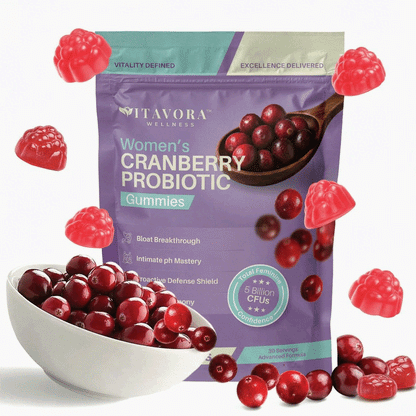 A premium storef ront graphic for Vitavora Wellness Women’s Probiotic and Cranberry Internal Precision Gummies showing the purple advanced formula pouch alongside floating berry-shaped chews, displaying bold callout typography for a 5 Billion CFU 6-strain matrix engineered for complete intimate flora authority and morning bloat breakthrough.