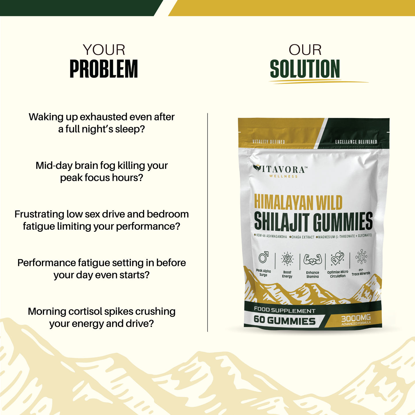 A comparison product listing infographic titled Your Problem vs Our Solution for Vitavora Wellness Himalayan Wild Shilajit Gummies, listing five common energy and focus frustrations on the left next to a high-performance food supplement 60-gummies pouch on the right.