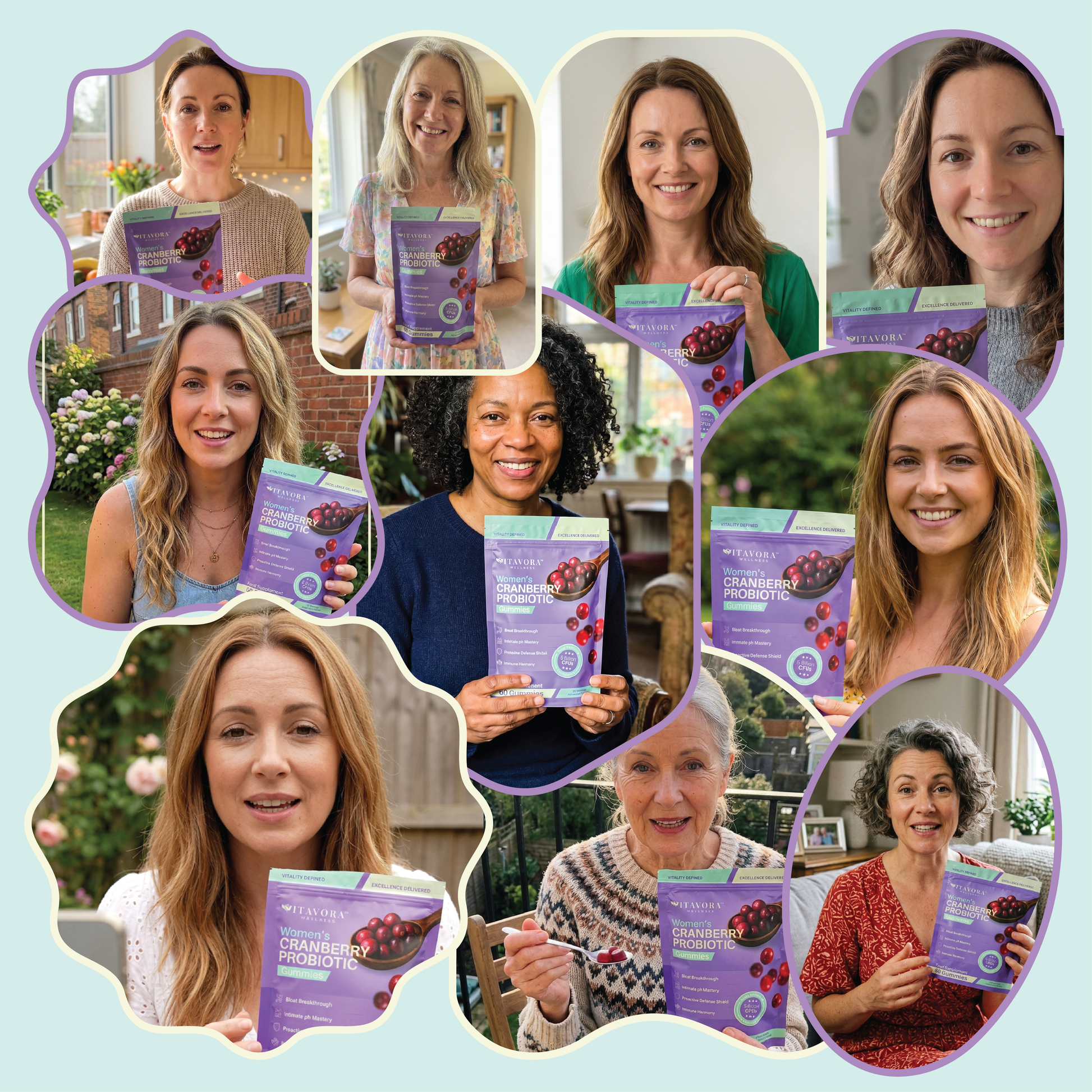 A social proof collage image for Vitavora Women's Cranberry Probiotic Gummies featuring ten different female customers of diverse ages smiling, filming UGC reviews, and holding the purple product pouch in real-life settings.