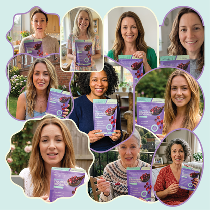 A social proof collage image for Vitavora Women's Cranberry Probiotic Gummies featuring ten different female customers of diverse ages smiling, filming UGC reviews, and holding the purple product pouch in real-life settings.