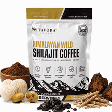 A premium storefront graphic for Vitavora Wellness Himalayan Wild Shilajit Performance Coffee showing the dark green 7-in-1 Synergy bag standing upright next to its active raw adaptogens, displaying bold callout typography for a wild resin extract matrix engineered for raw energy ignition, sharp focus, and unshakeable stamina.